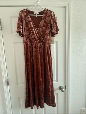 Nwt Womens Harlow & Rose Burnt Rust Floral Velvet  Dress